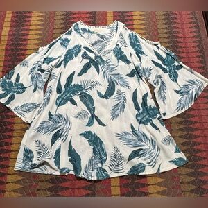 Solitaire Swim Size M Cold Shoulder Rayon Turquoise Feather Cover Up Dress Tunic